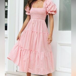 Pink and white gingham midi dress